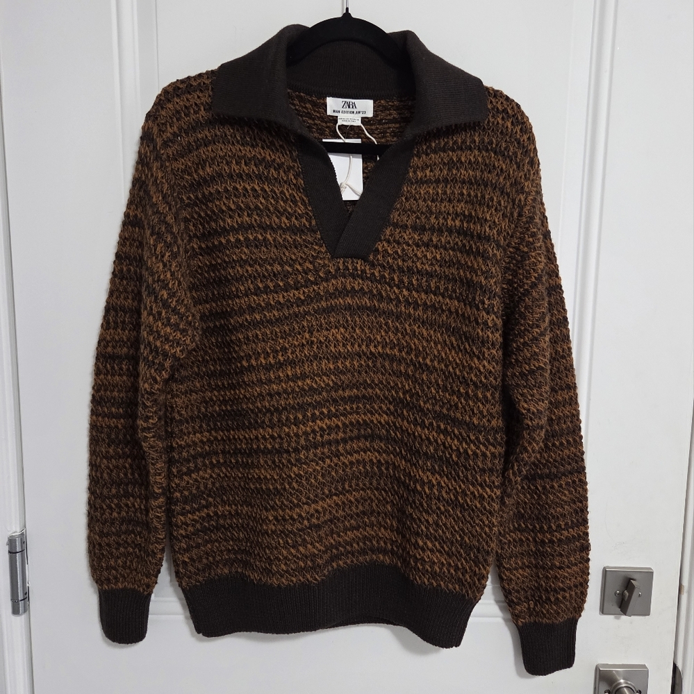 Zara Men's Polo Collar Striped Wool Blended Sweater - Made In Italy - Size M